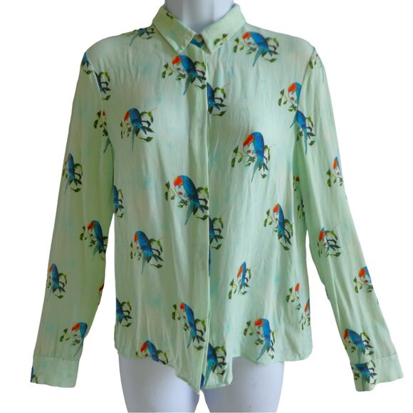 SiLK Alice + Olivia Parrot Shirt Mint Green Hidden Button Panel Collared Stretch - Picture 2 of 8